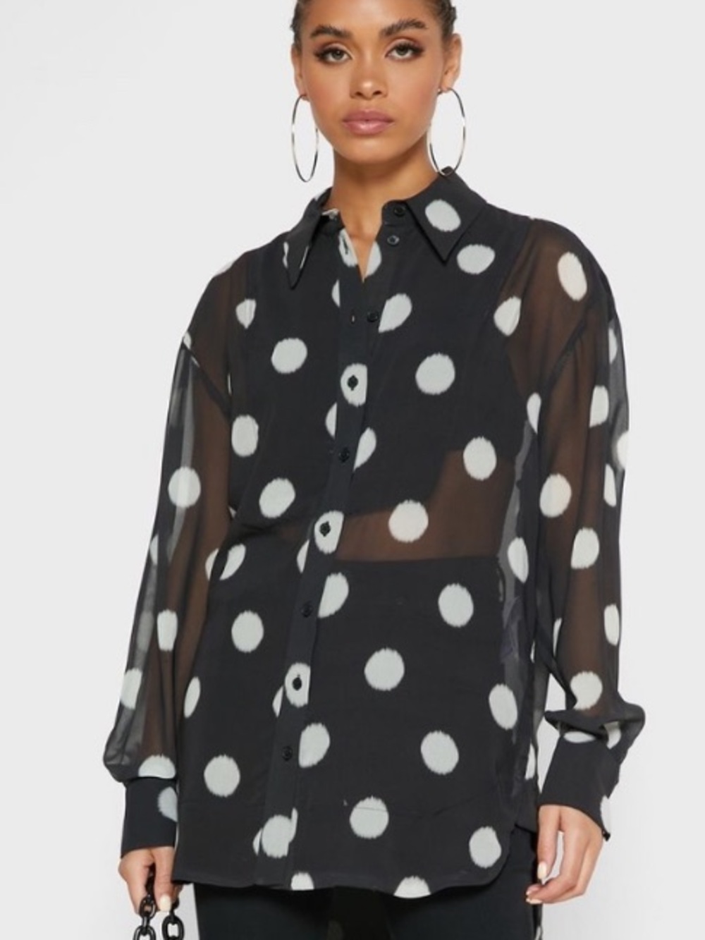 Topshop Sheer Oversized Black Polka Dot Button-Up Blouse Woman’s Size 6